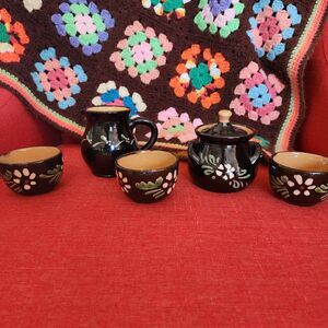 Vintage Alsatian Stoneware Pottery Folk Art Sugar,Creamer and Cups